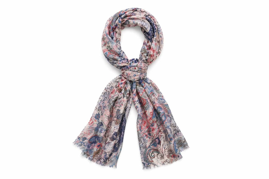 Foulard long imprimé avec motif cachemire et floral, léger et semi-transparent, 70 x 180 cm, finition avec franges.