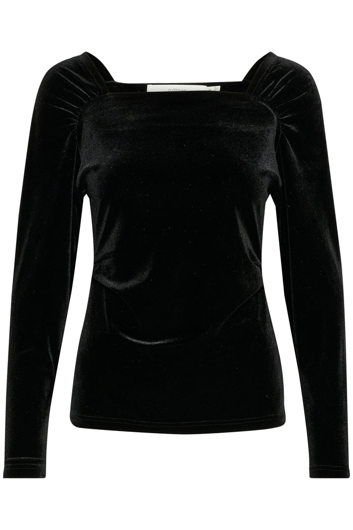 Haut en velours noir avec col carré et épaules froncées, idéal pour des occasions habillées.