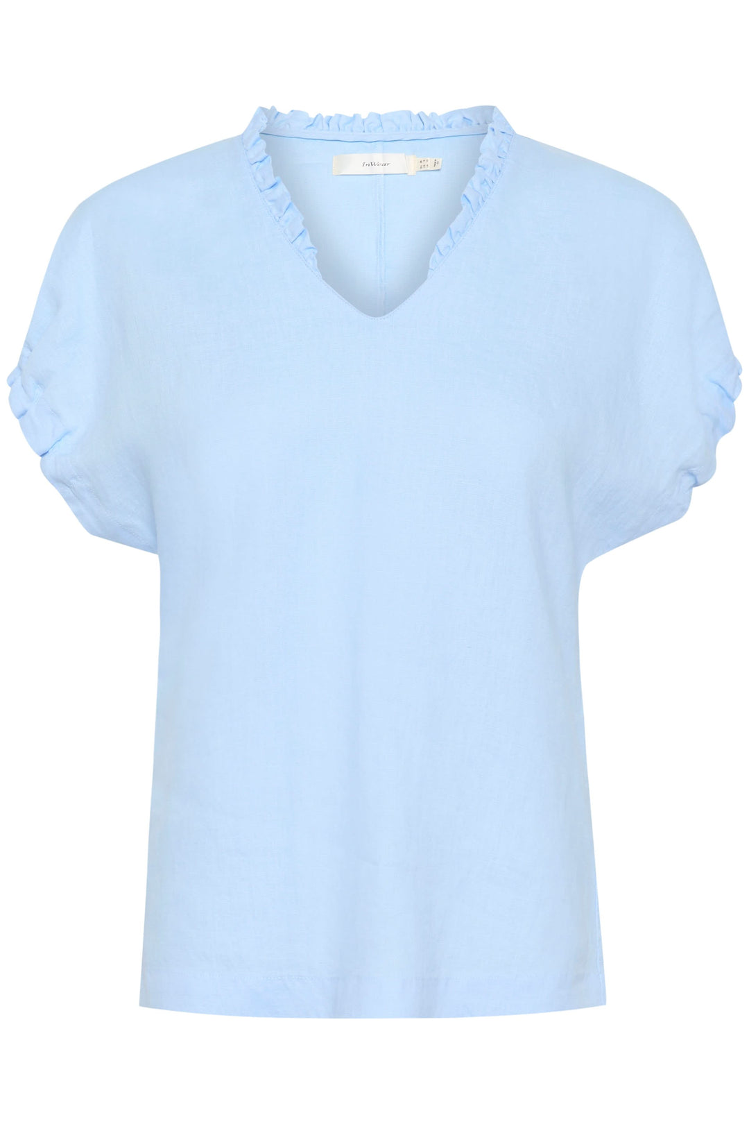Haut en lin Rigitta bleu clair avec encolure en V et manches courtes retroussées, parfait pour l&