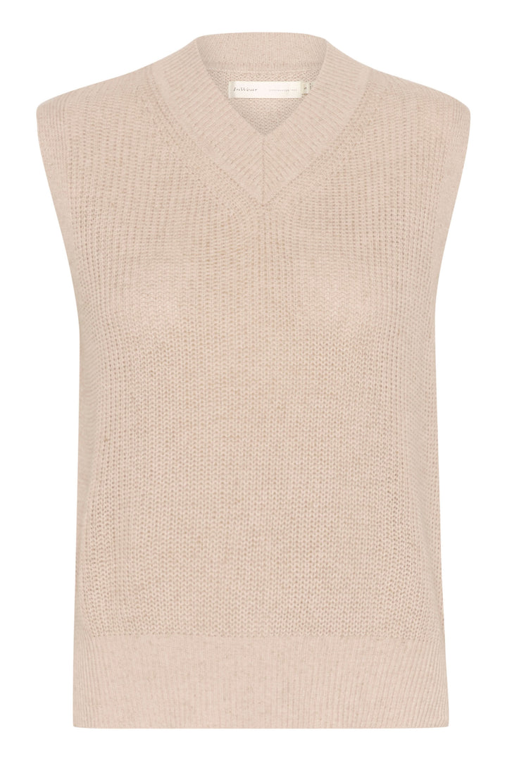 Pull sans manches en maille légère, col en V, coupe droite, couleur beige, idéal pour la mi-saison.