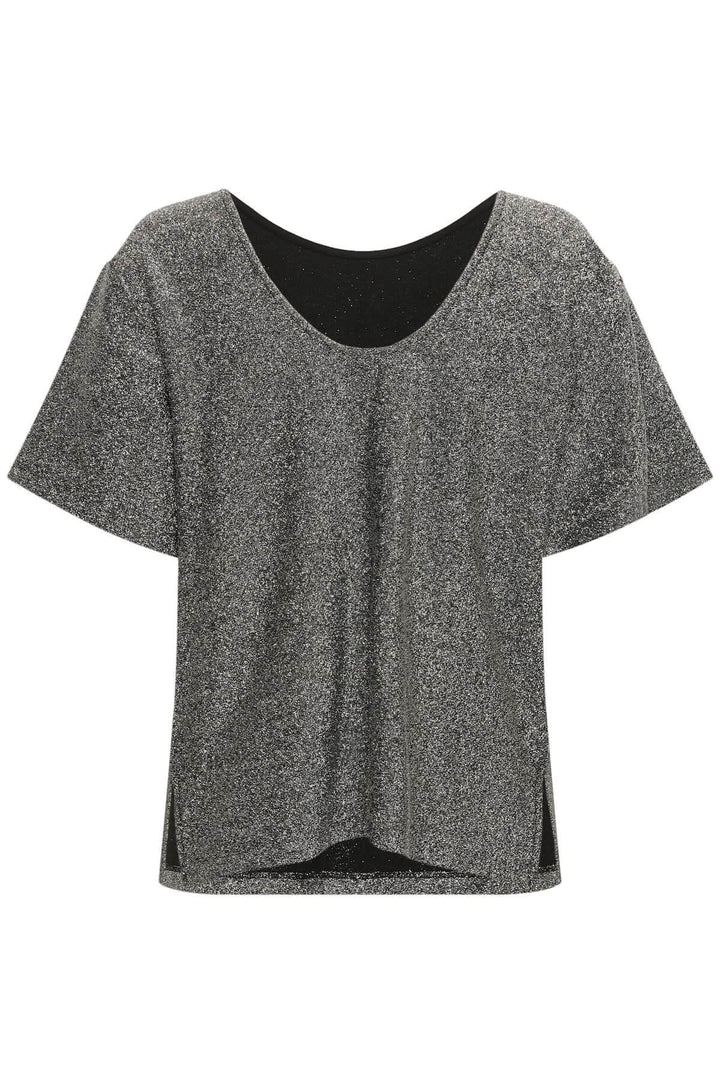 Haut scintillant à dos dégagé Verrona avec effet métallique et manches courtes, idéal pour une tenue élégante et moderne.