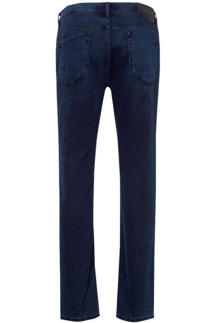 Jean Chuck en denim, coupe décontractée, cinq poches, vue arrière, couleur bleu foncé.
