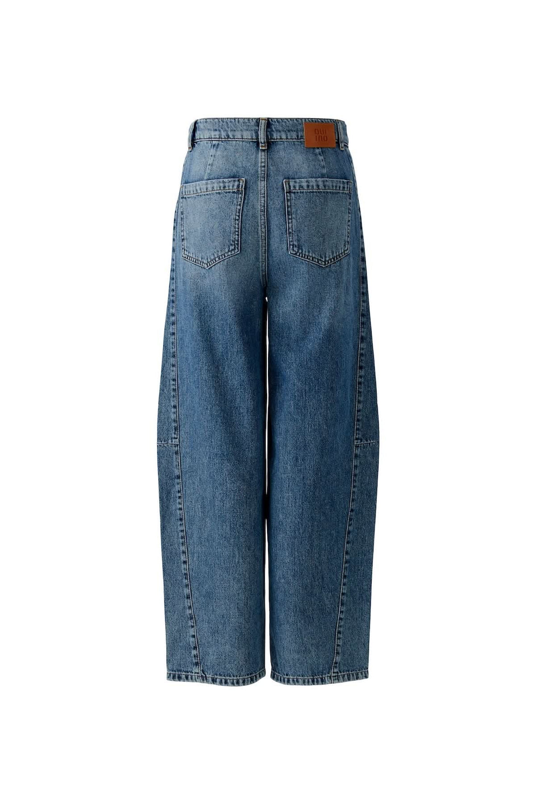 Jean baril taille haute en denim bleu, coupe baril structurée avec jambe arrondie, finition authentique et moderne pour un look casual chic.
