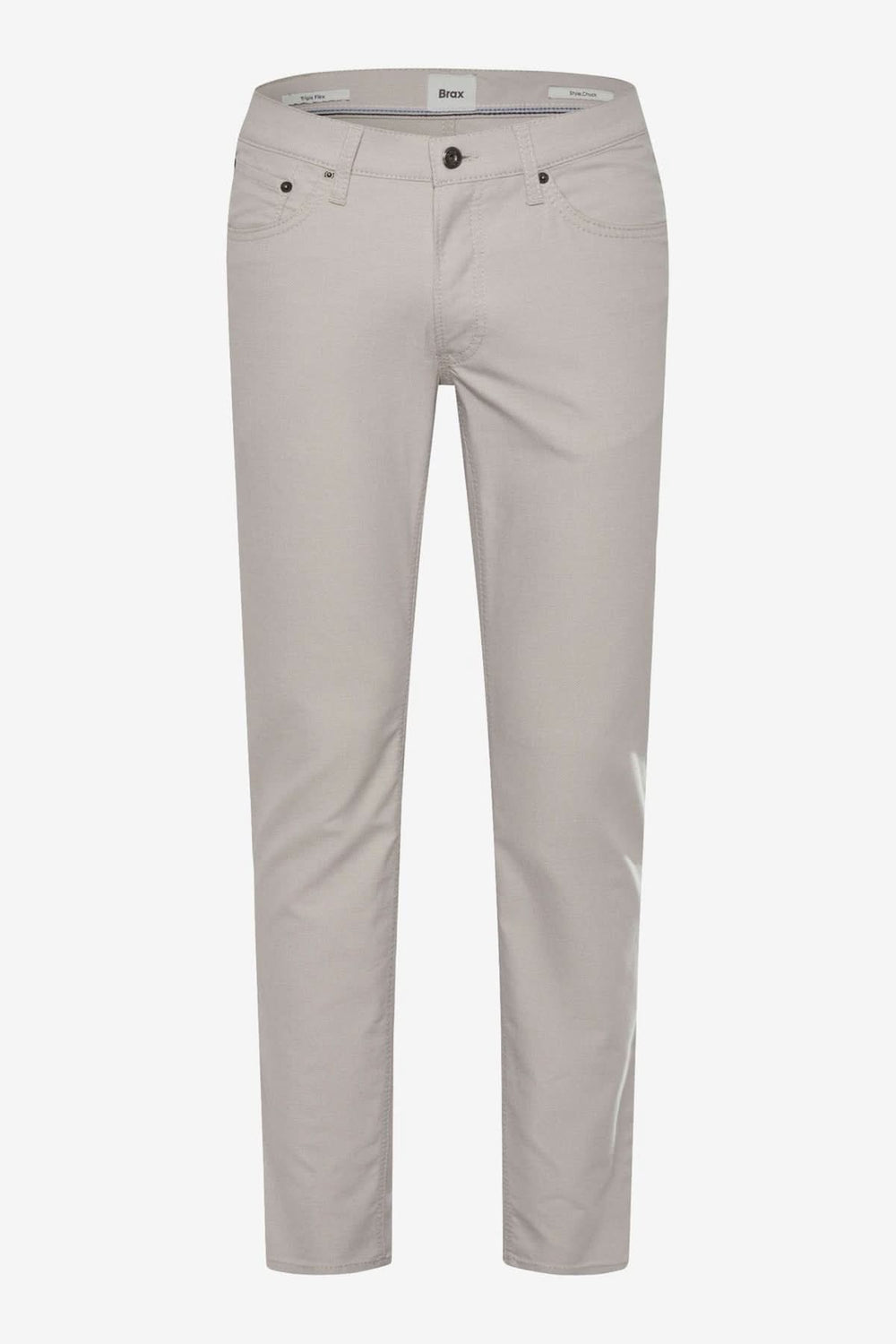 Jean Chuck Triple Flex pour homme, coupe Modern Fit, couleur beige, cinq poches, détails en cuir synthétique.