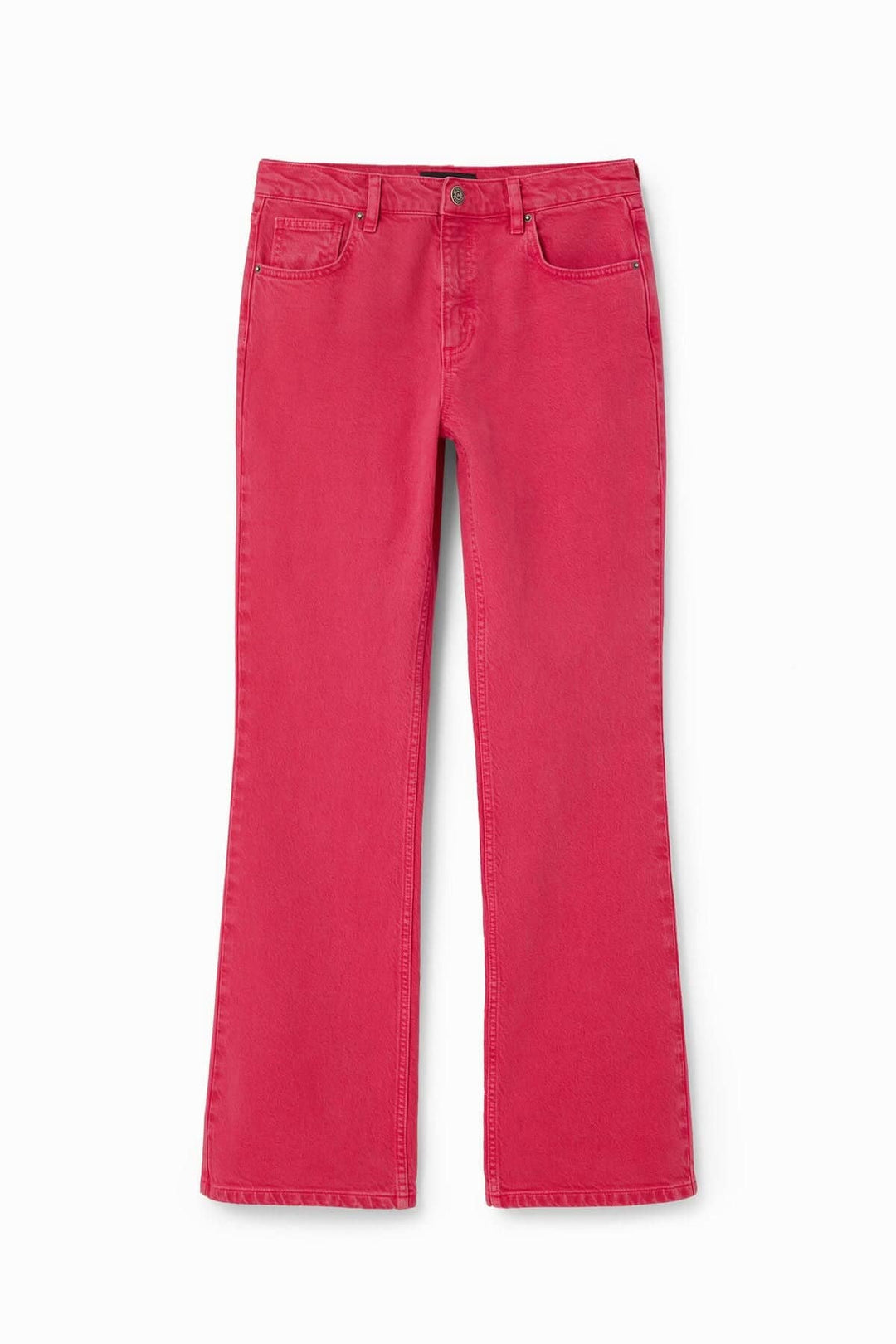 Jean flare uni rose, taille mi-haute, légèrement évasé, en tissu stretch avec cinq poches.