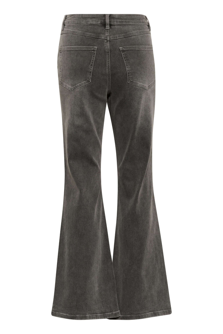 Jean à jambe évasée, finition délavée, taille haute, offrant un style rétro moderne, vue arrière.