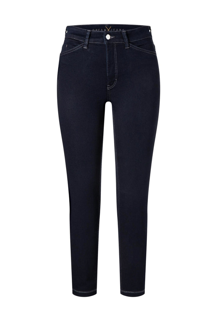 Jeans coupe ajustée 7/8 dévoilant la cheville, tissu extensible, poches avant et arrière, look casual chic, surpiqûres contrastantes.