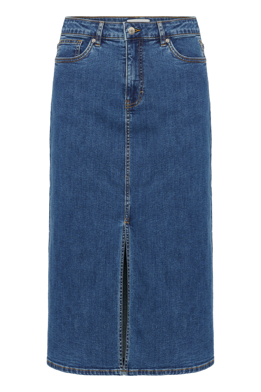 Jupe Dillin en denim, midi avec fente frontale, taille classique, style intemporel et moderne.