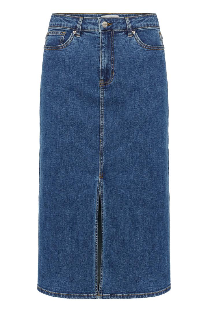 Jupe Dillin en denim, midi avec fente frontale, taille classique, style intemporel et moderne.