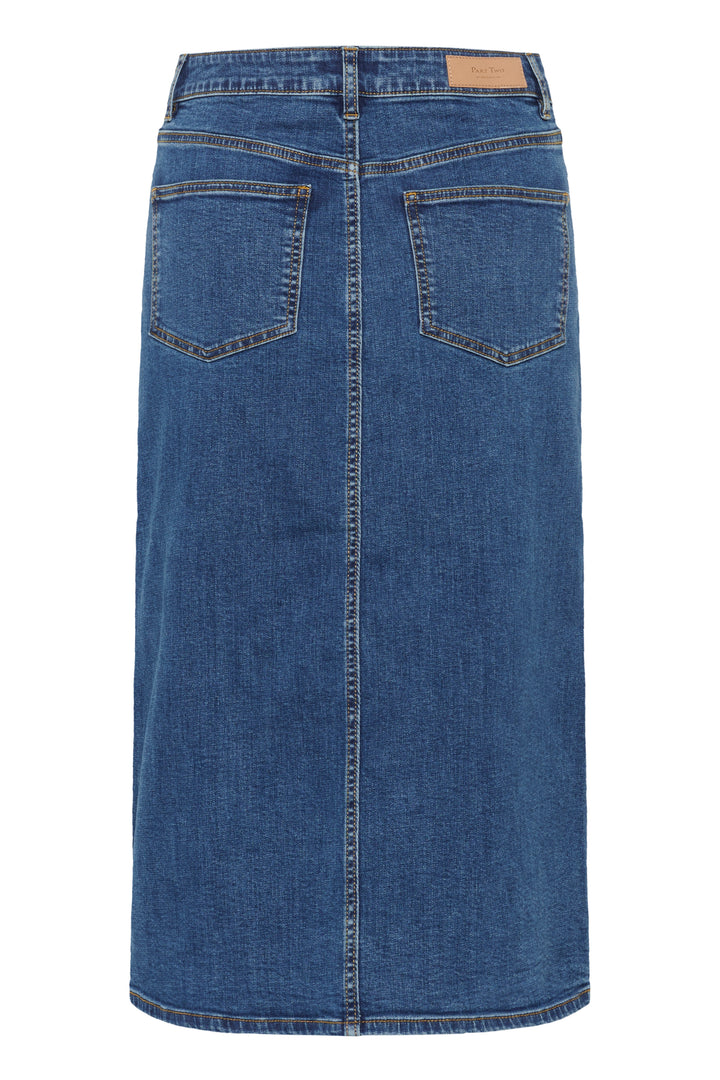 Jupe Dillin en denim, coupe midi droite avec fente frontale, design intemporel et élégant, parfaite pour un look décontracté.
