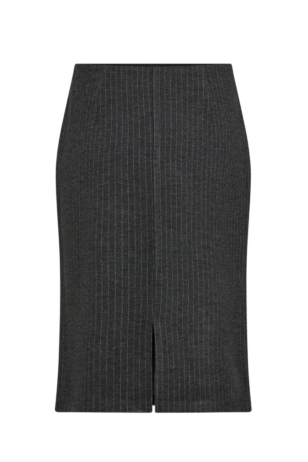 Jupe crayon en viscose recyclée, taille haute, rayures fines, longueur genoux, fente arrière pour un look professionnel.