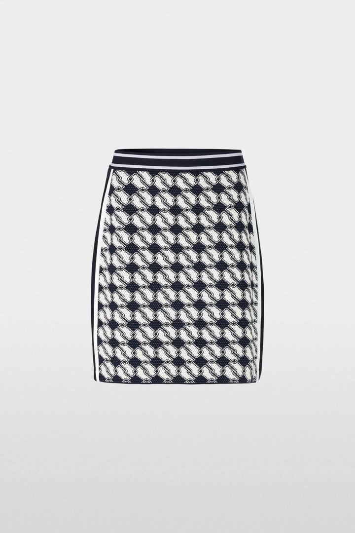 Jupe en maille avec motif cubique audacieux, taille élastique, tricotée en Allemagne pour un look graphique.