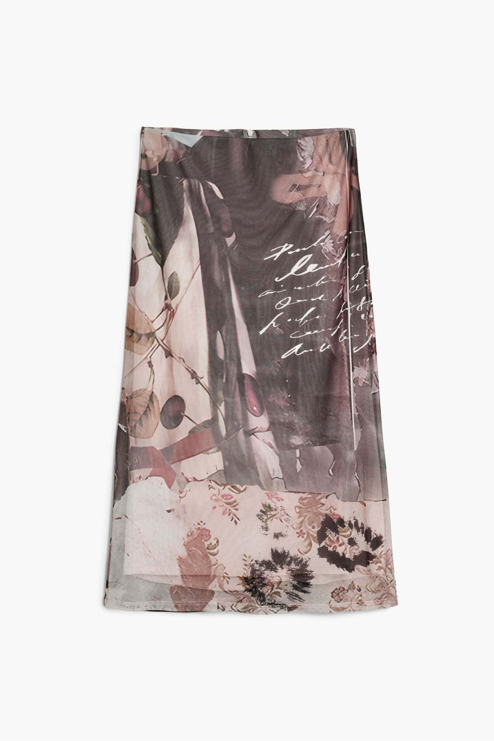 Jupe en tulle collage avec imprimé artistique et floral, jupe longue fluide, élégante et légère, taille élastique confortable.