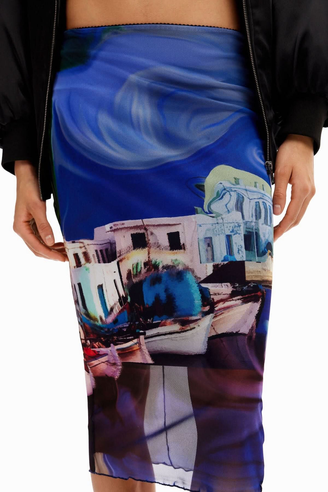Jupe midi en tulle stretch avec imprimé paysage coloré, coupe ajustée et taille élastiquée.