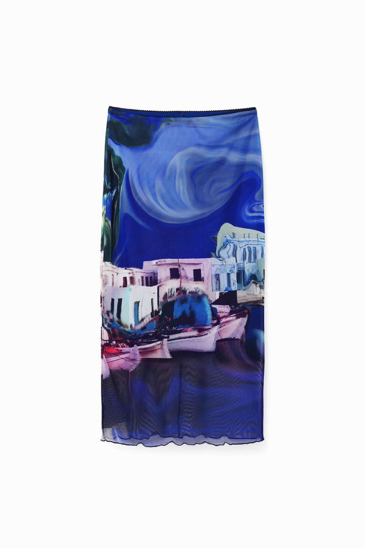 Jupe midi en tulle stretch avec un imprimé paysage coloré en bleu et violet, coupe ajustée, taille élastiquée.