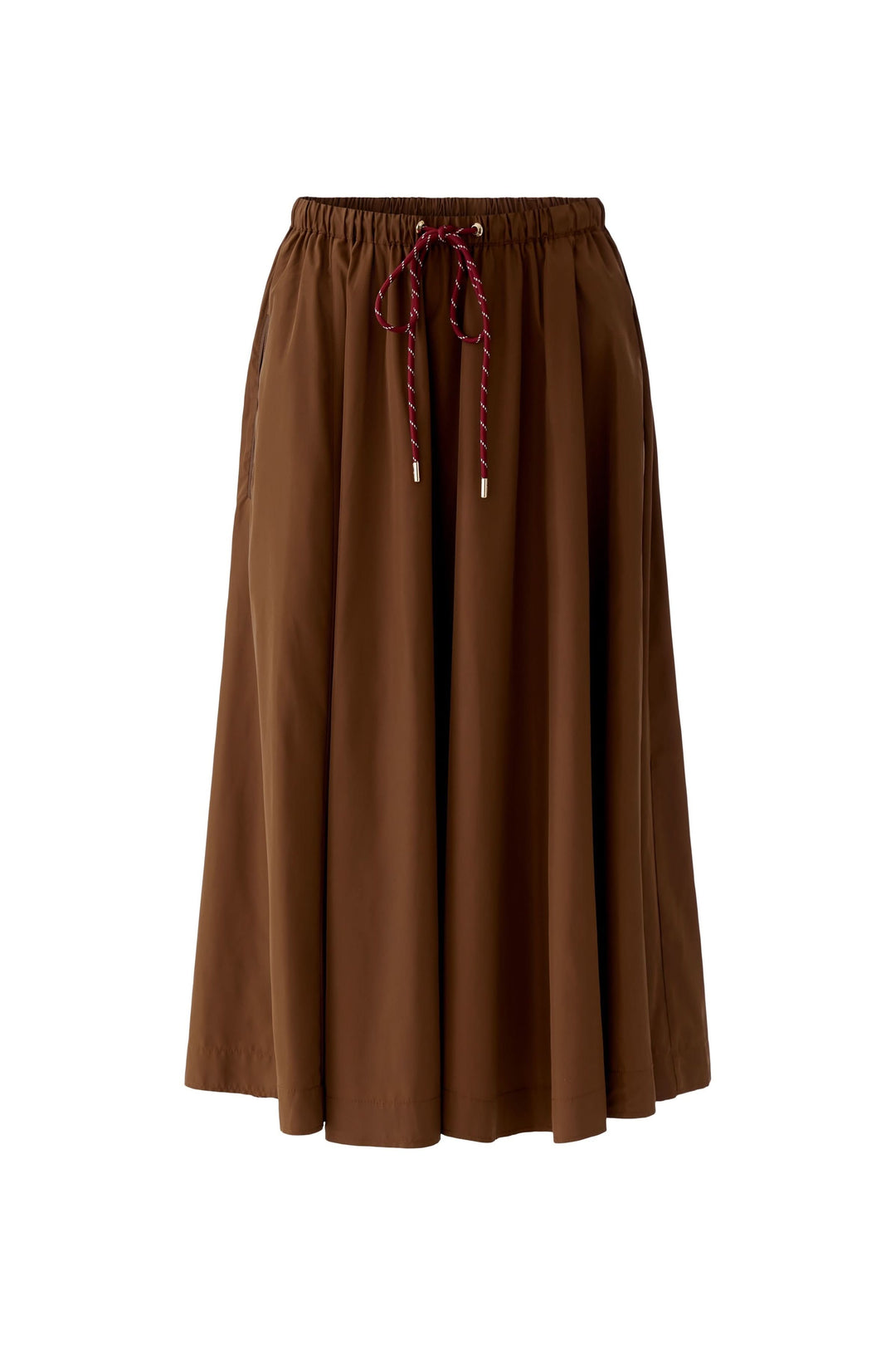 Jupe midi fluide marron avec taille élastique et cordon réglable, silhouette moderne pour un style quotidien élégant.