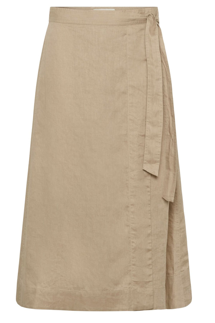 Jupe porte-feuille Arbella en lin beige avec design portefeuille et lien à nouer, offrant une silhouette fluide et taille ajustable.