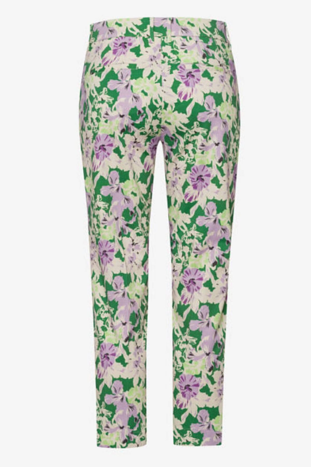 Chino fleuri SHAKIRA, pantalon 6/8 classique avec un motif floral violet et vert, vue arrière.
