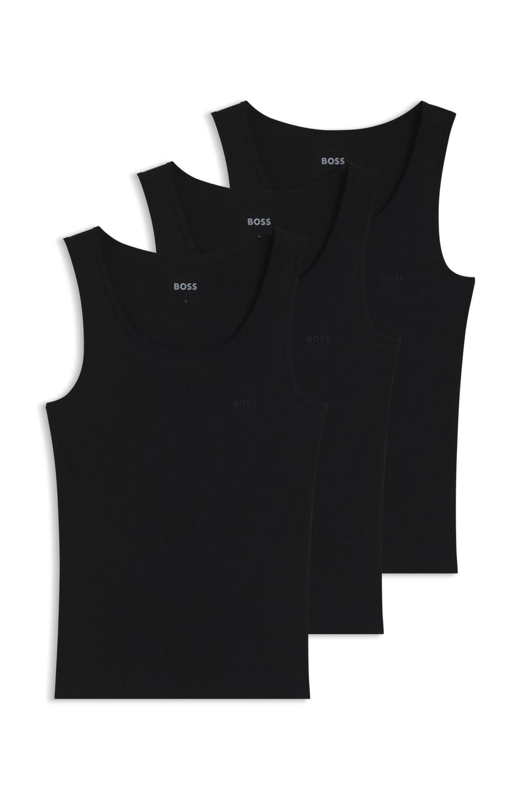 Lot de trois débardeurs noirs BOSS en coton, confortables et ajustés, parfaits pour un usage quotidien.