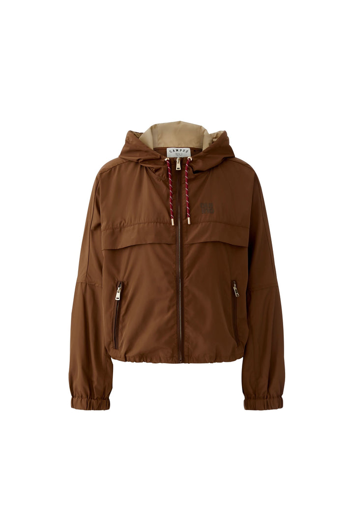 Manteau léger à capuchon marron avec fermeture intégrale et capuchon ajustable, idéal pour la mi-saison.