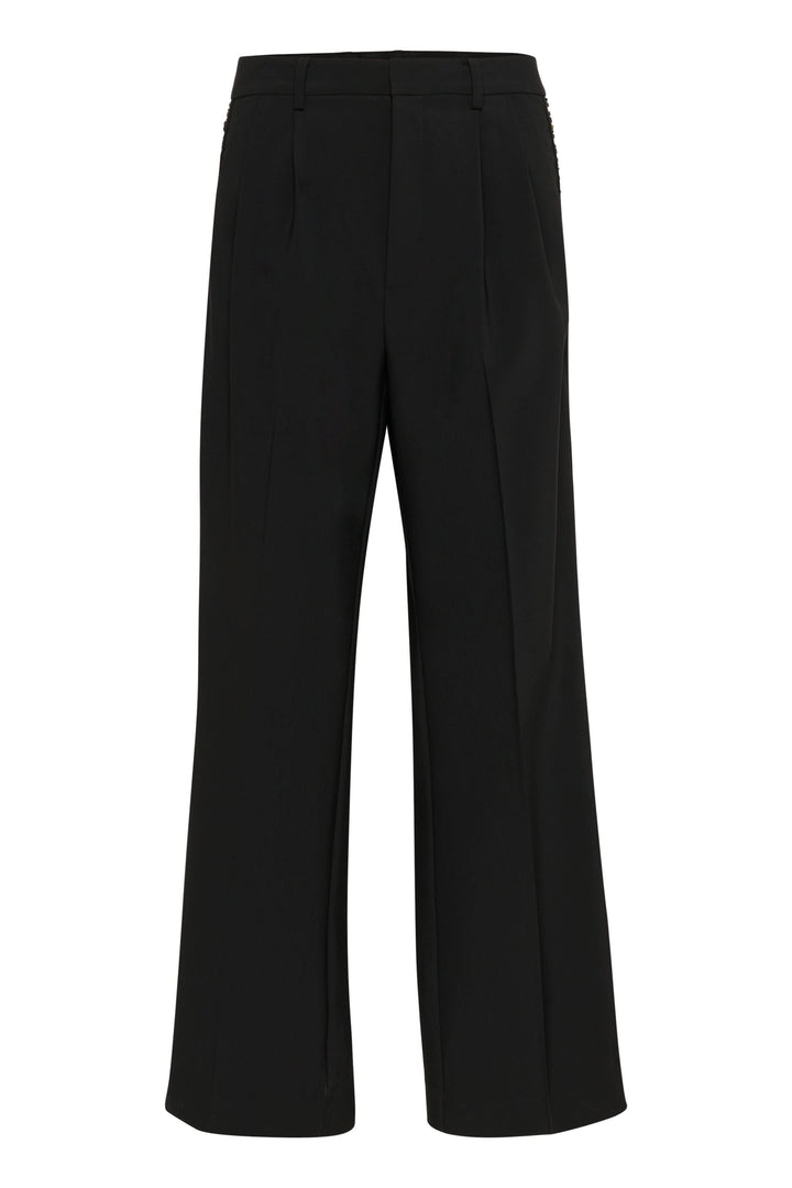 Pantalon noir large avec plis avant et taille haute, décoré d'une bande dorée sur les côtés pour un look élégant.