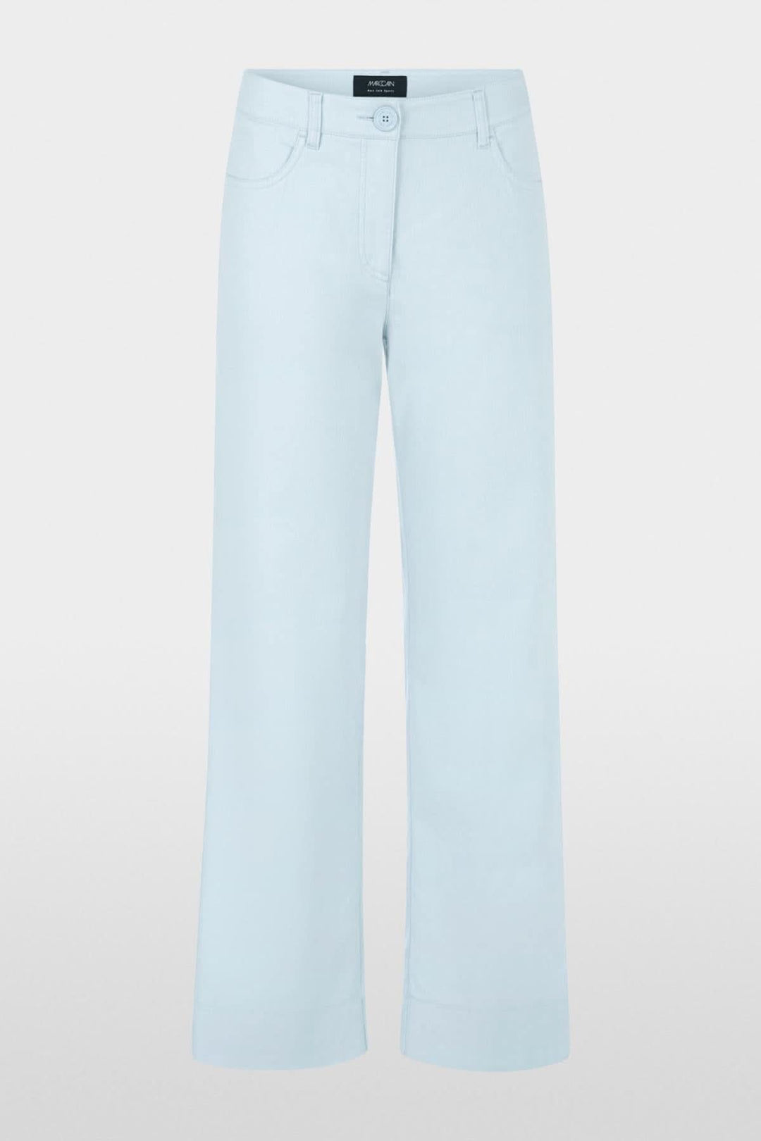 Pantalon FAID bleu clair, taille haute, coupe féminine, en coton et lin pour les tenues estivales.