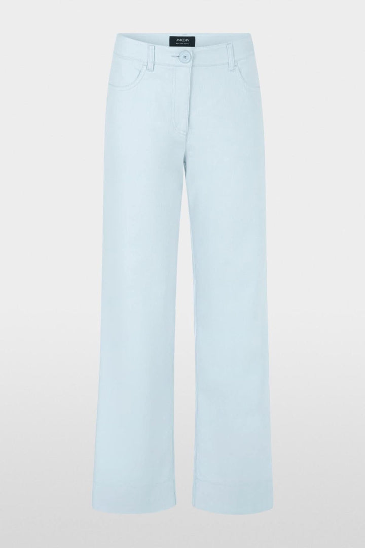 Pantalon FAID bleu clair, taille haute, coupe féminine, en coton et lin pour les tenues estivales.