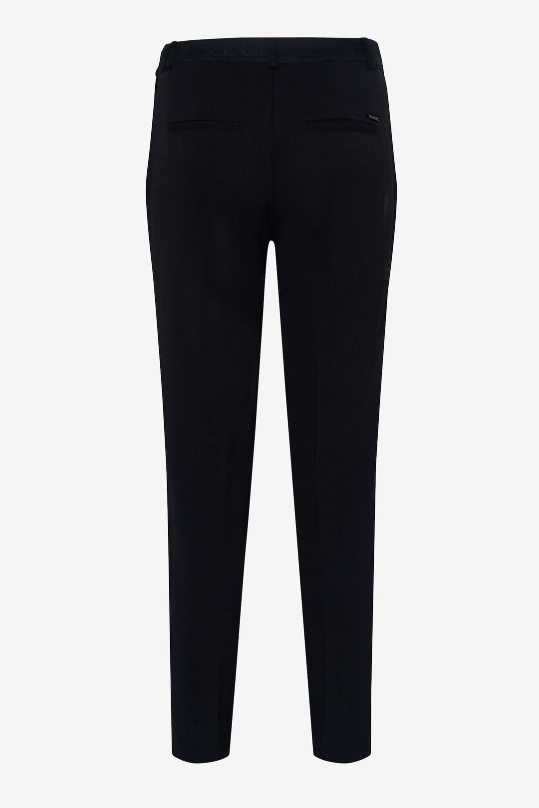 Pantalon maron S avec élastique, coupe fuselée, poches arrière, vue arrière, style décontracté.