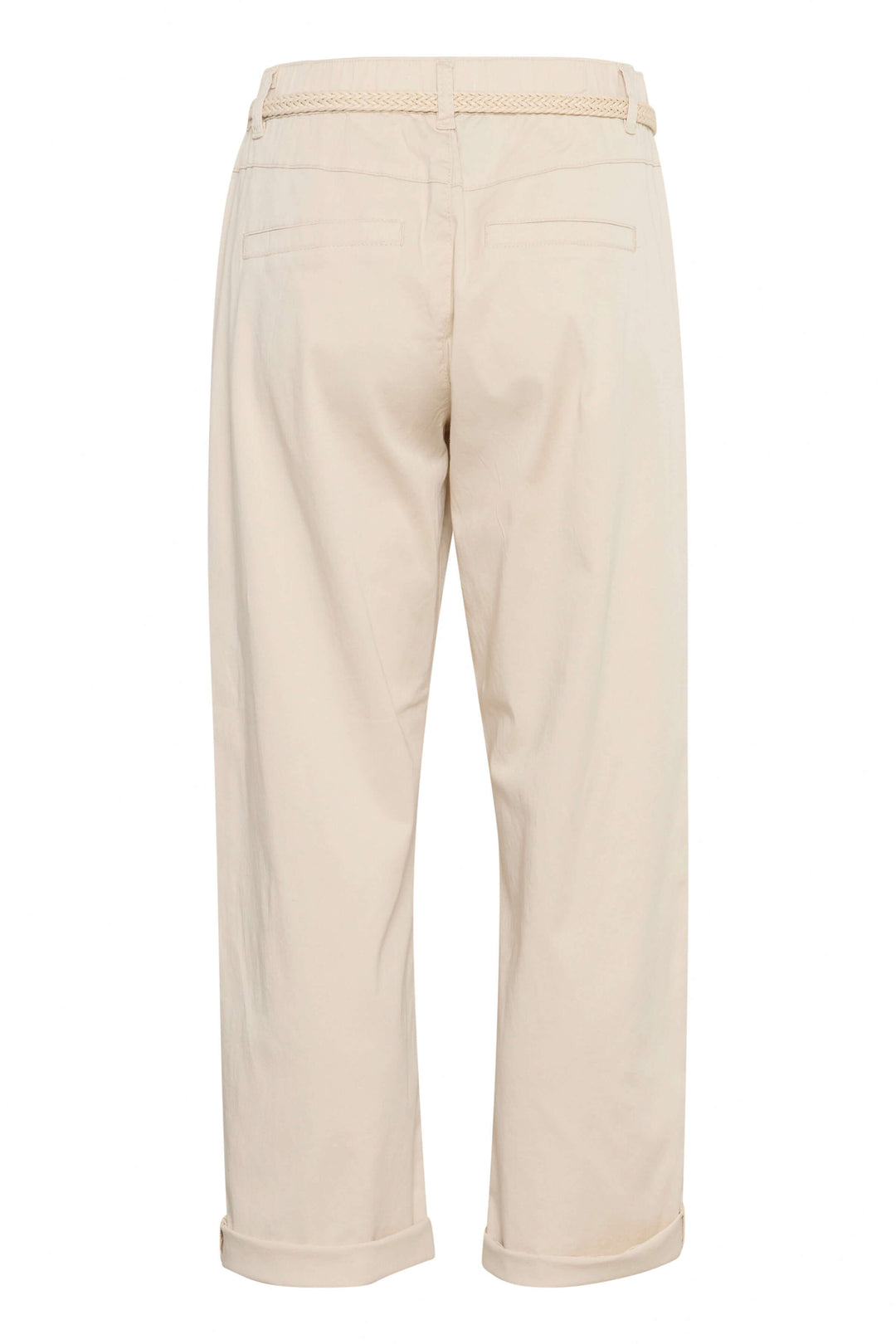 Dos du pantalon Tinea en toile légère, coupe droite avec ceinture tressée, couleur beige.