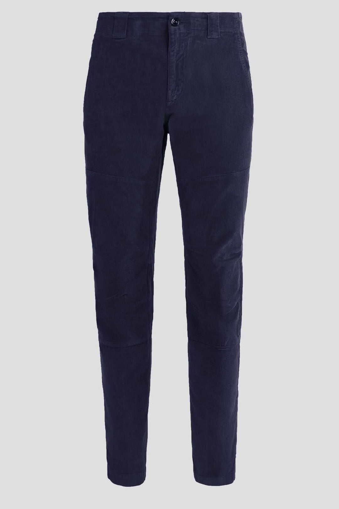 Pantalon en corduroy bleu marine, coupe ergonomique avec poches et logo C.P. Company.