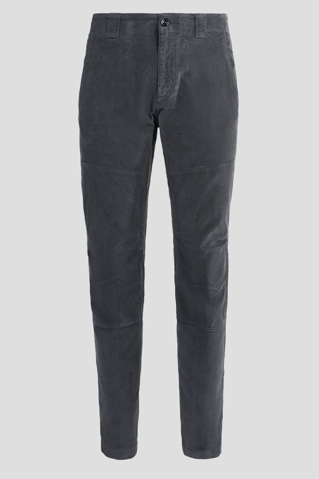 Pantalon en corduroy gris à la coupe ergonomique avec braguette zippée et poches pour les mains.