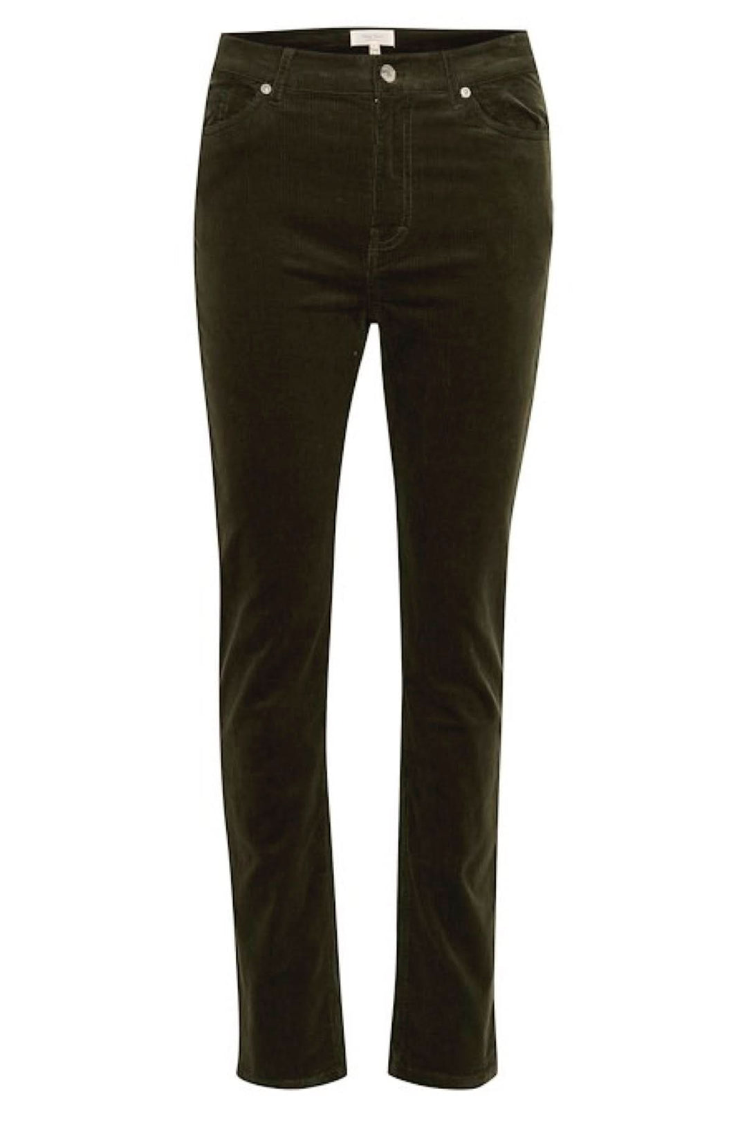 Pantalon en velours côtelé Rana, taille haute, jambe droite, 5 poches, légèrement extensible, couleur verte.