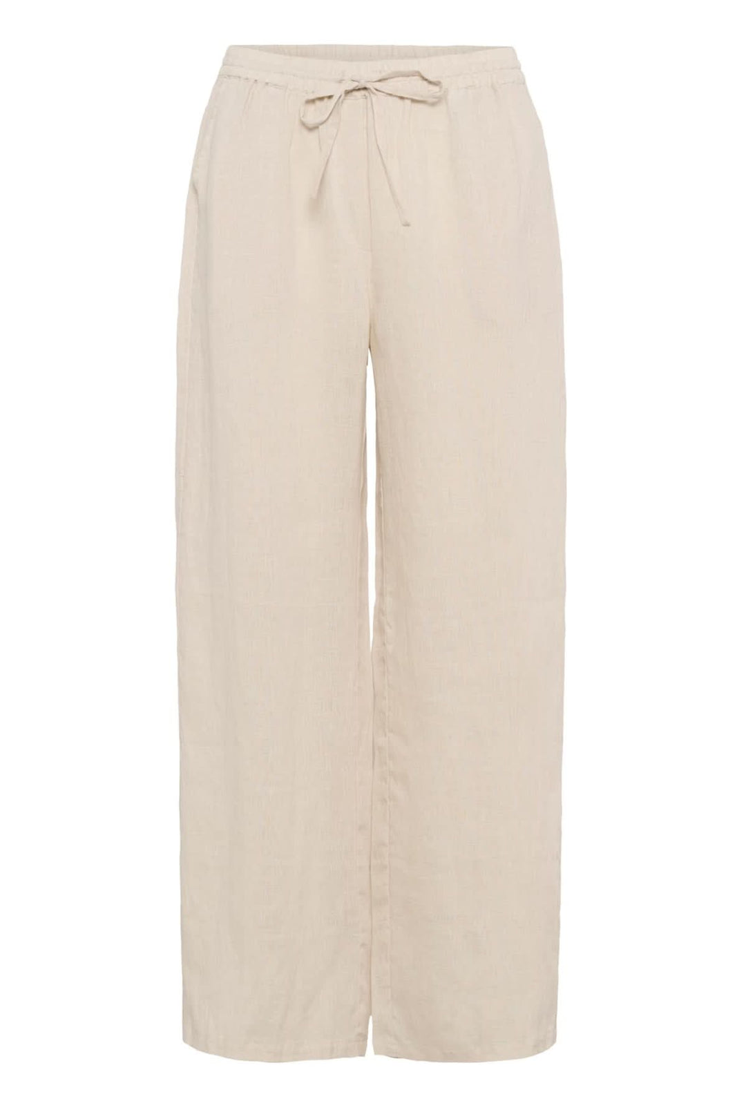 Pantalon en lin léger de couleur beige avec taille élastique et cordon de serrage, parfait pour l'été.