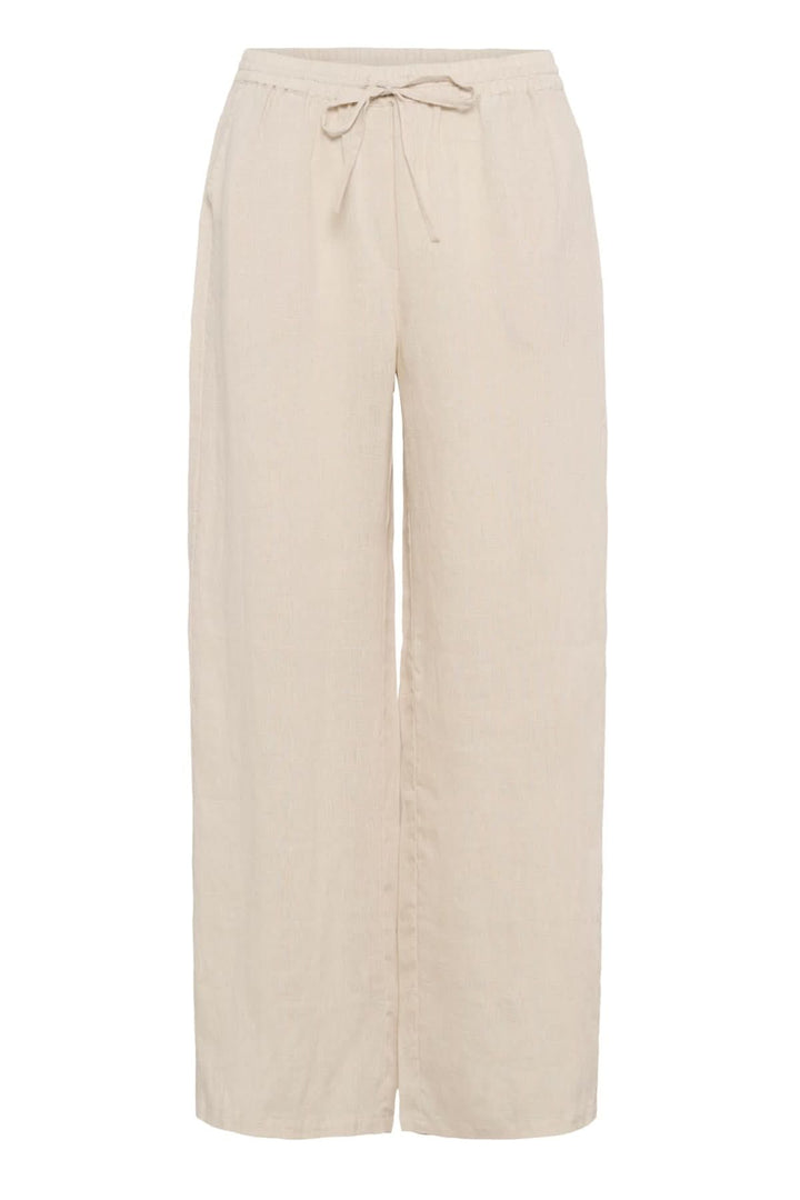 Pantalon en lin léger de couleur beige avec taille élastique et cordon de serrage, parfait pour l'été.