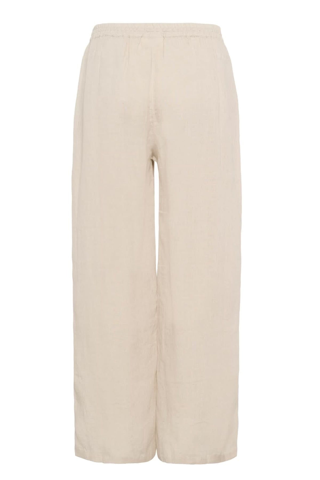 Pantalon en lin beige léger avec taille élastique et cordon, idéal pour un look d'été décontracté.