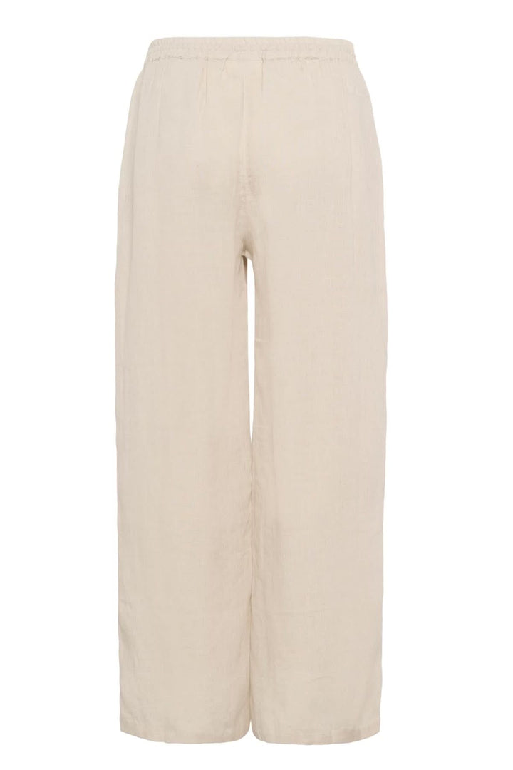 Pantalon en lin beige léger avec taille élastique et cordon, idéal pour un look d'été décontracté.