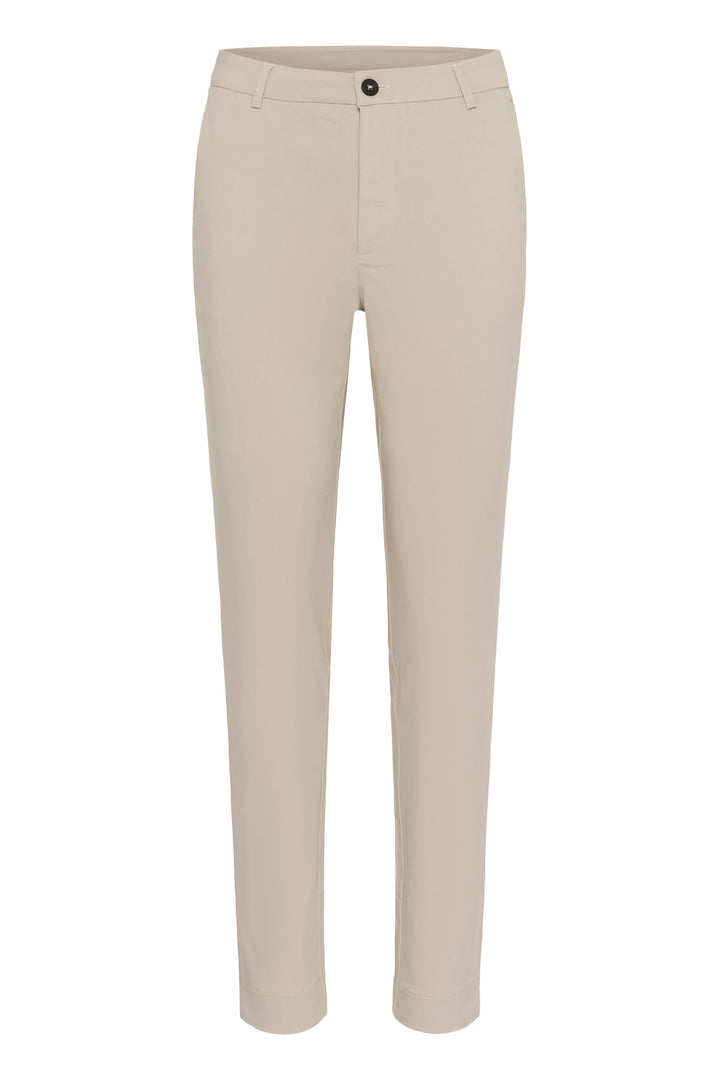 Pantalon habillé Hazel, coupe ajustée élégante idéale pour un style professionnel formel, couleur beige avec bouton frontal.