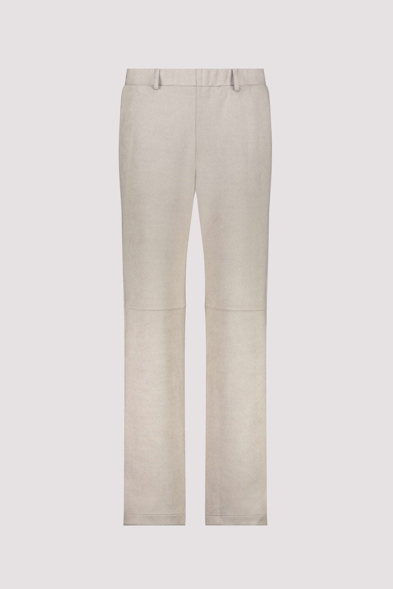 Pantalon habillé droit en similicuir et daim, avec tissu extensible, ourlet élastiqué et poches latérales.