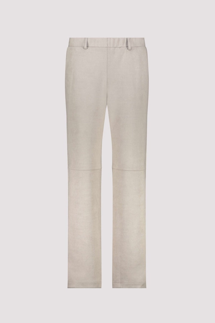 Pantalon habillé droit en similicuir et daim, avec tissu extensible, ourlet élastiqué et poches latérales.
