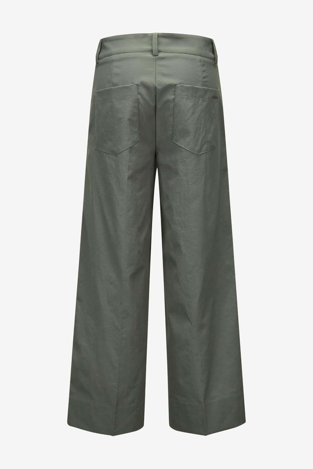 Pantalon large fluide Cara, jambe large verte, taille régulière, fermeture discrète, coupe moderne pour style polyvalent.
