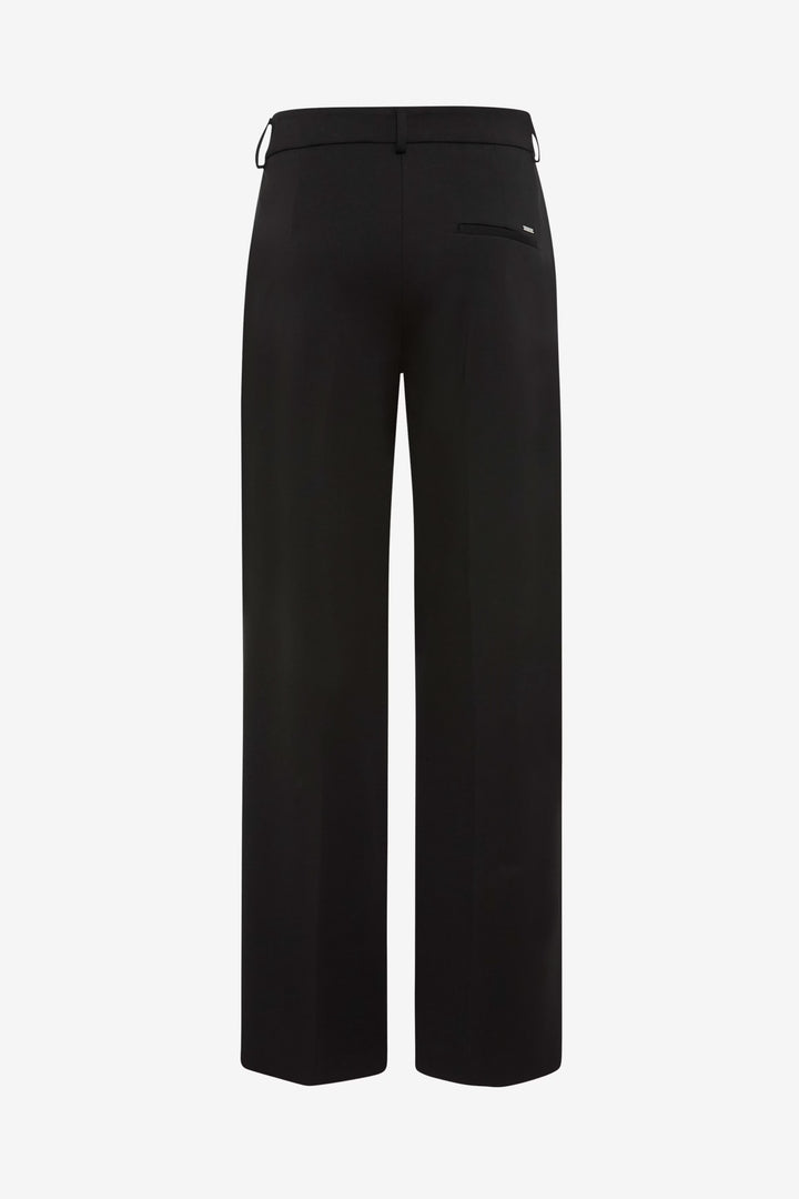 Pantalon palazzo noir, coupe large et fluide, avec taille mi-haute et poche arrière, élégant et confortable.