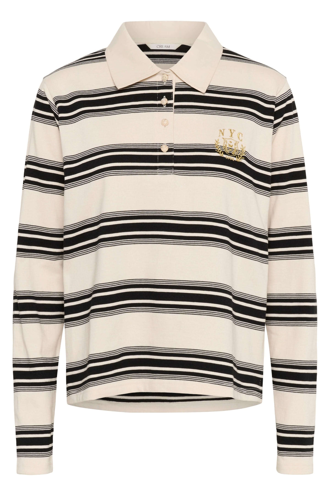 Polo Carmell à rayures noires et blanches, col polo classique, style casual chic, détail brodé distinctif, coupe droite élégante.