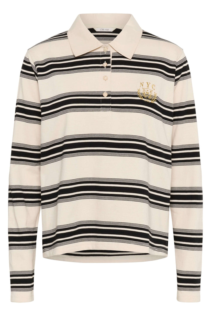 Polo Carmell à rayures noires et blanches, col polo classique, style casual chic, détail brodé distinctif, coupe droite élégante.
