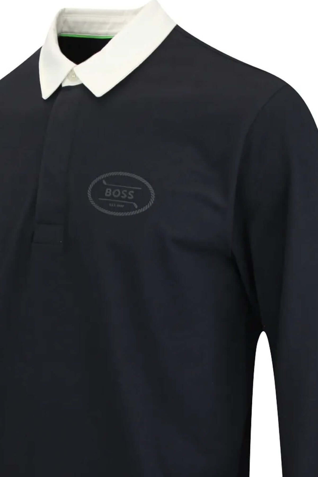 Polo rugby Percy en jersey de coton avec col contrastant et logo BOSS, idéal pour le golf et la ville. Confort et style.