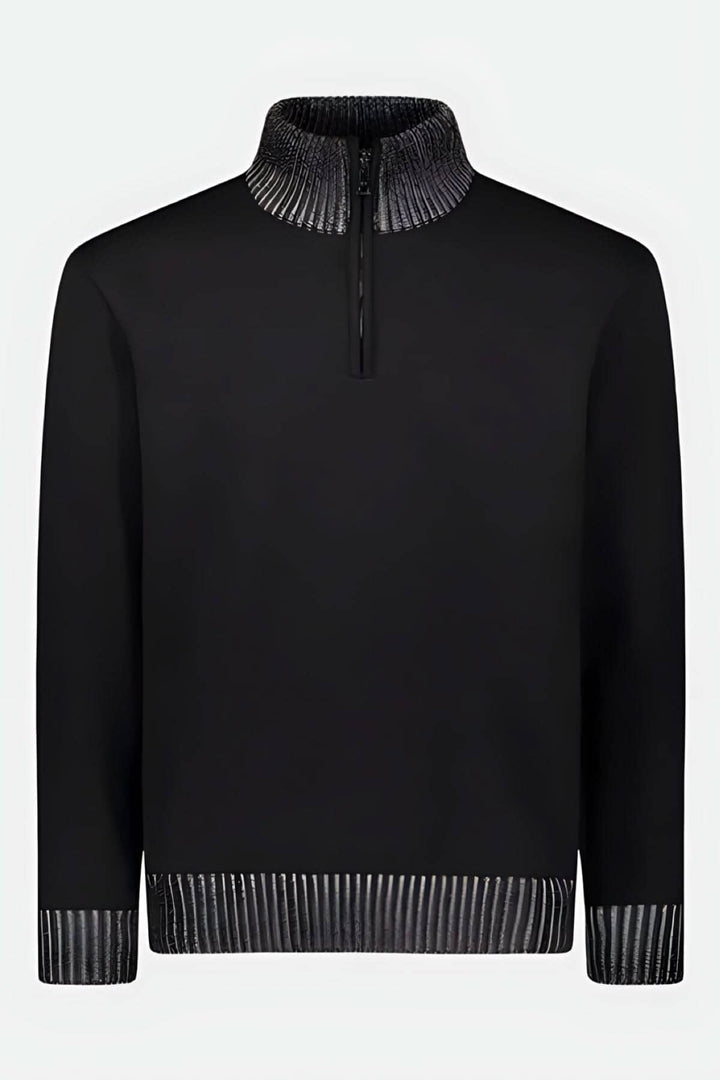 Pull en laine noire avec demi-zip et finitions solides, idéal pour un look chic et décontracté.