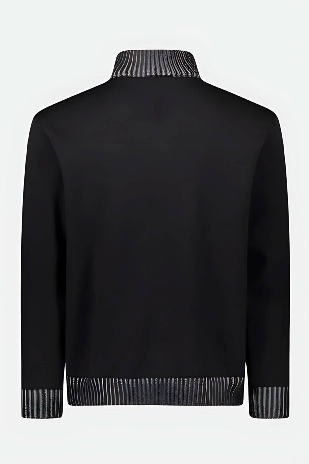 Pull en laine noir avec demi-zip et col à rayures, élégant et polyvalent pour diverses occasions.