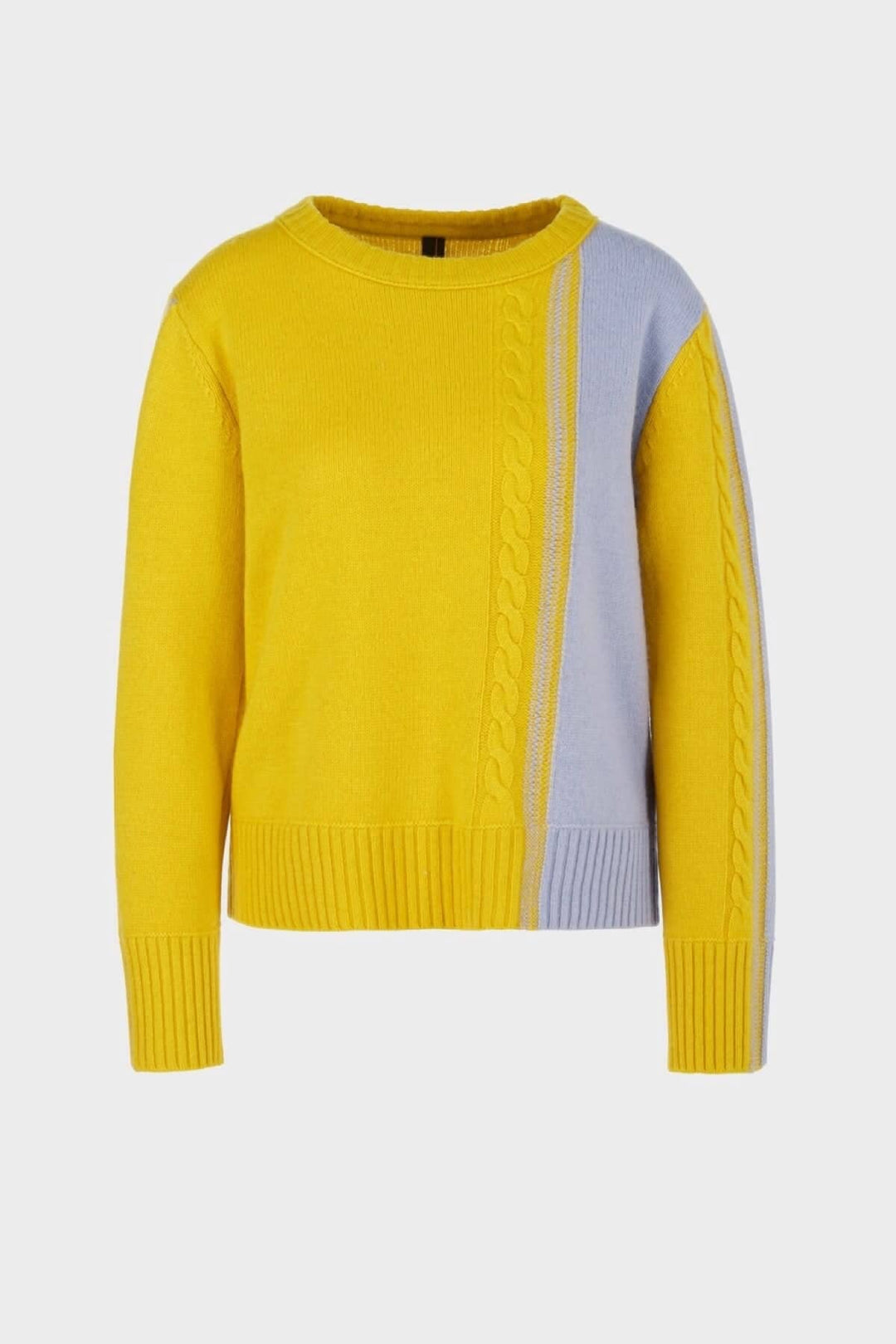 Pull tricoté bicolore jaune et lavande, avec motif asymétrique et encolure ronde, de Rethink Together.