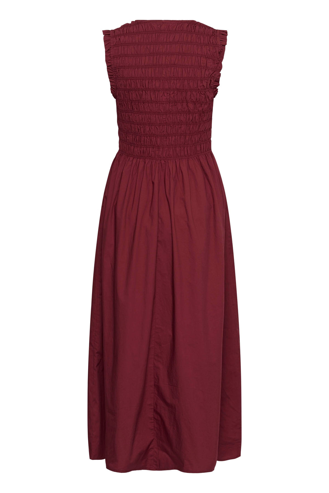 Robe Borgnette longue smockée sans manches, robe féminine et fluide, coupe ajustée et jupe évasée, encolure en V, style élégant.