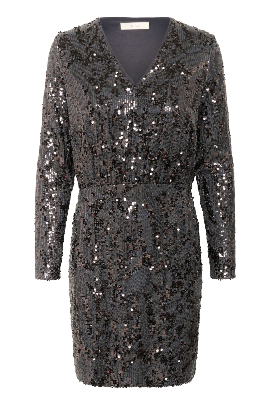 Robe Kimba à paillettes à manches longues avec col en V, idéale pour soirées festives, glamour, couleur noire, coupe cintrée, brillance élégante.