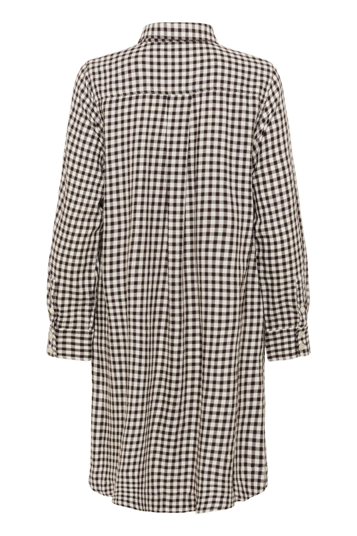 Robe Sardias à carreaux, coupe droite, manches retroussables, col chemise classique, vue de dos.